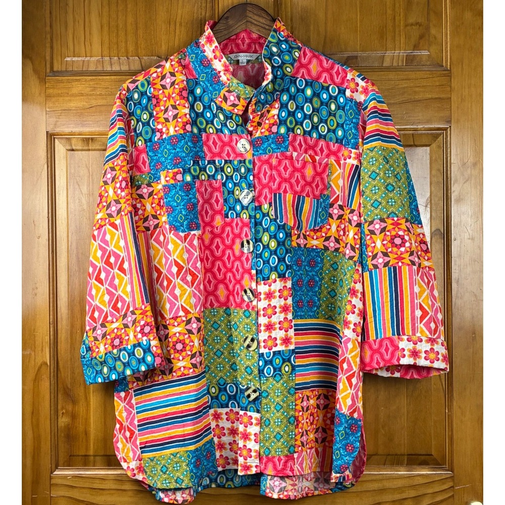 John Mark Womens Large Patchwork Print Button Down Shirt Art Vibrant Rayon Top
